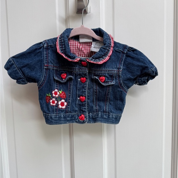 Young Hearts 2T Girls Short Sleeve Jean Jacket with Floral Strawberry Embroidery - Picture 1 of 8